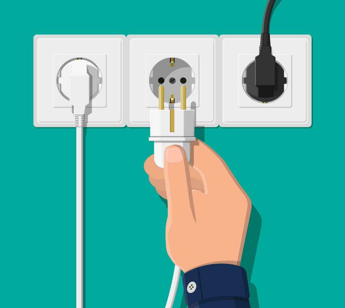 elektrisch stopcontact en hand- met plug. elektrisch componenten. muur stopcontact met kabel. vector illustratie in vlak stijl