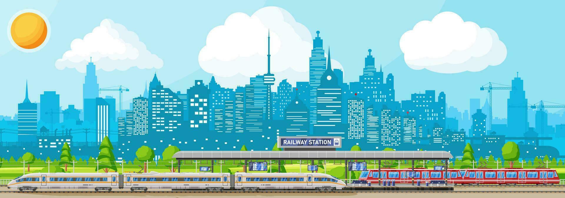 modern spoorweg station met hoog snelheid trein. platform met schema. super gestroomlijnd trein. passagier uitdrukken spoorweg locomotief. spoorweg openbaar vervoer metro. vlak vector illustratie