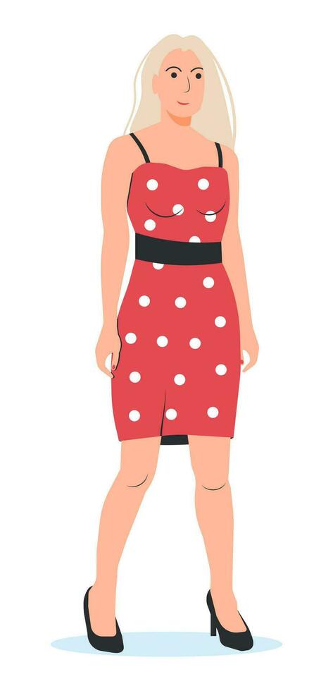 Dames in jurk en Aan hoog hakken geïsoleerd. mode blond meisje. dame in gewoontjes kleren. mooi vrouw karakter Aan wit achtergrond. modieus levensstijl. tekenfilm vlak vector illustratie