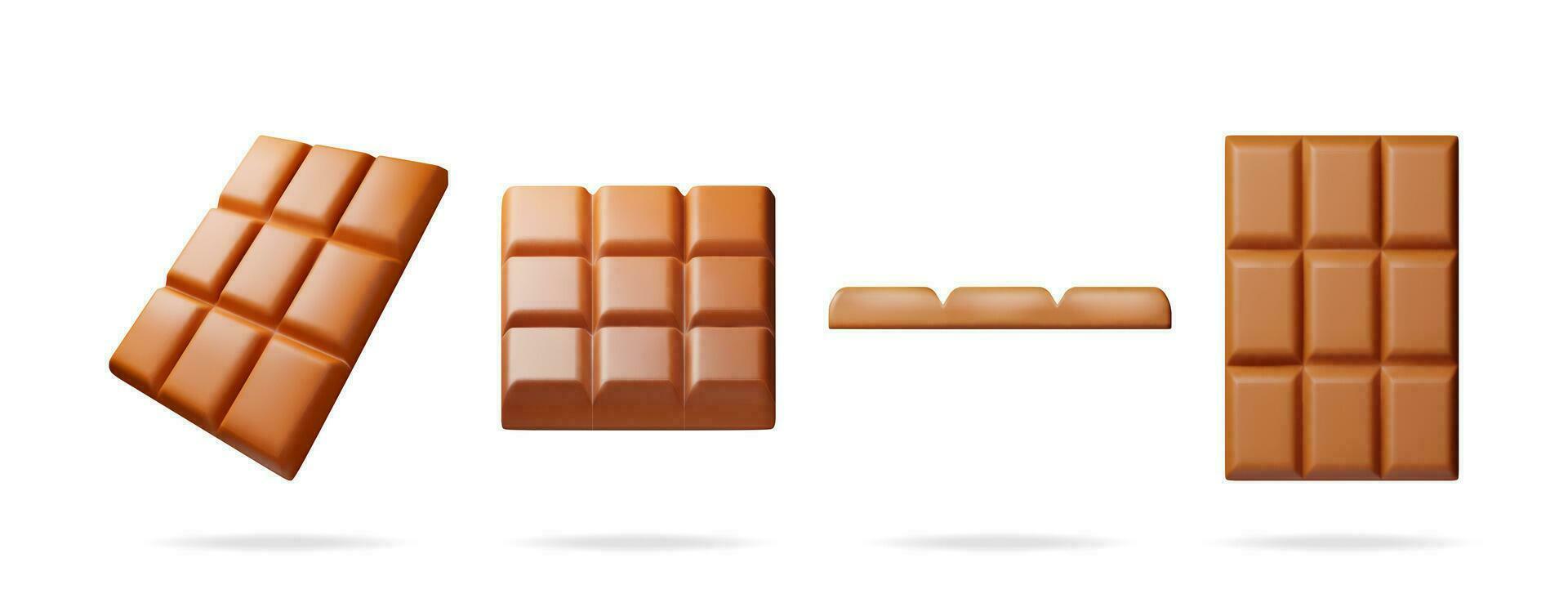 3d melk chocola bar van verschillend hoeken verzameling geïsoleerd Aan wit. geven bruin chocola deel. zoet heerlijk snoep Product. cacao smakelijk nagerecht. realistisch vector illustratie