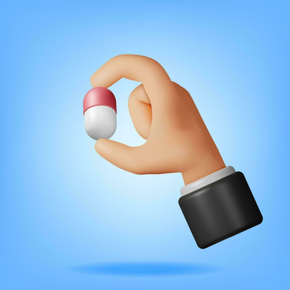 3d klassiek capsule pil tablet in hand. geven capsule tabletten. pil voor ziekte en pijn behandeling. medisch medicijn, vitamine, antibiotica. gezondheidszorg apotheek. vector illustratie