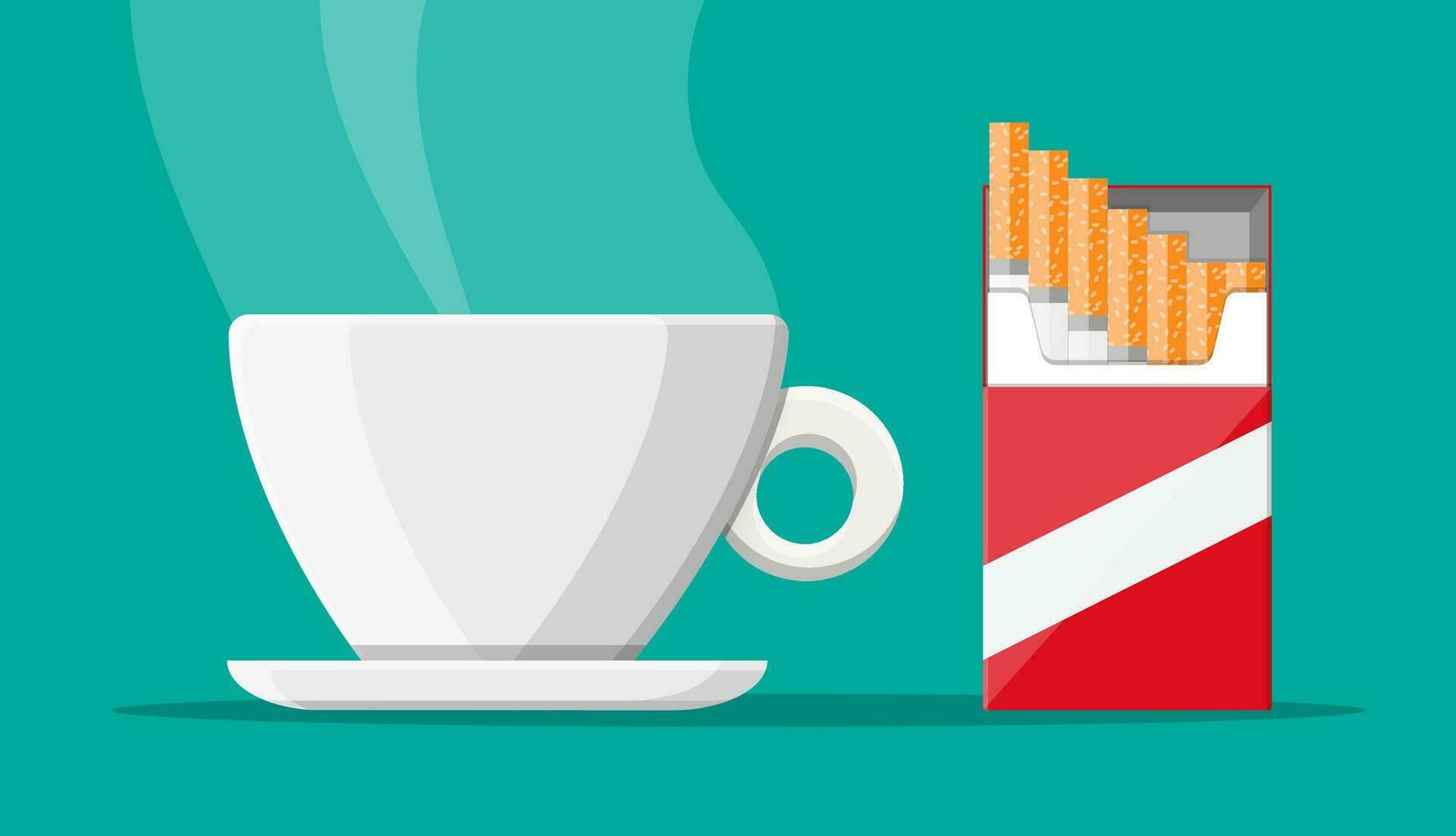 koffie kop en pakket van sigaretten. ongezond levensstijl. ontbijt en ochtend. vector illustratie in vlak stijl