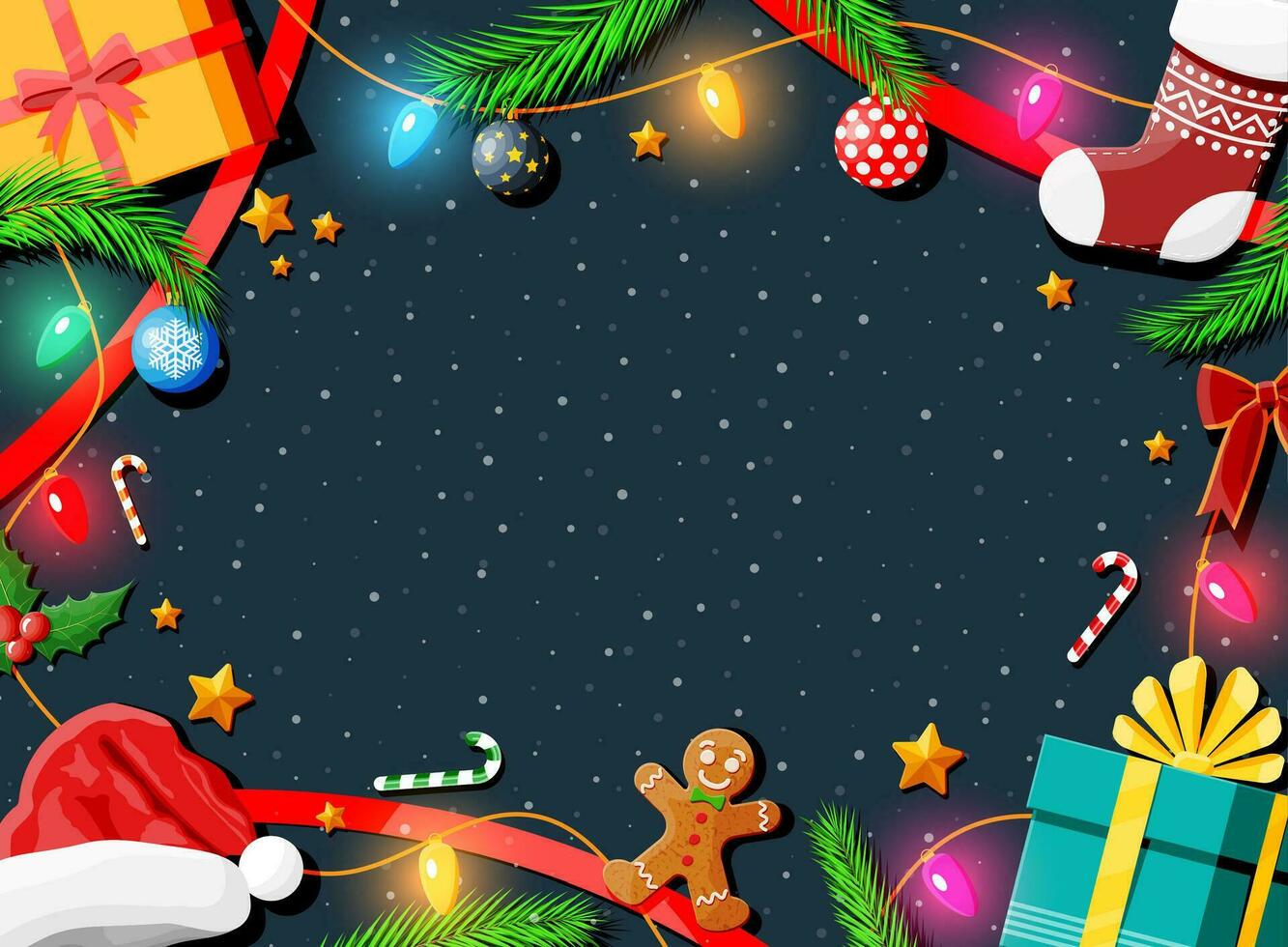 Kerstmis groet kaart achtergrond. geschenk dozen, zuurstok, hulst, sok, hoed, peperkoek Mens, bal vacht takken. wensen presenteert Kerstmis nieuw jaar vooravond. vector illustratie vlak stijl