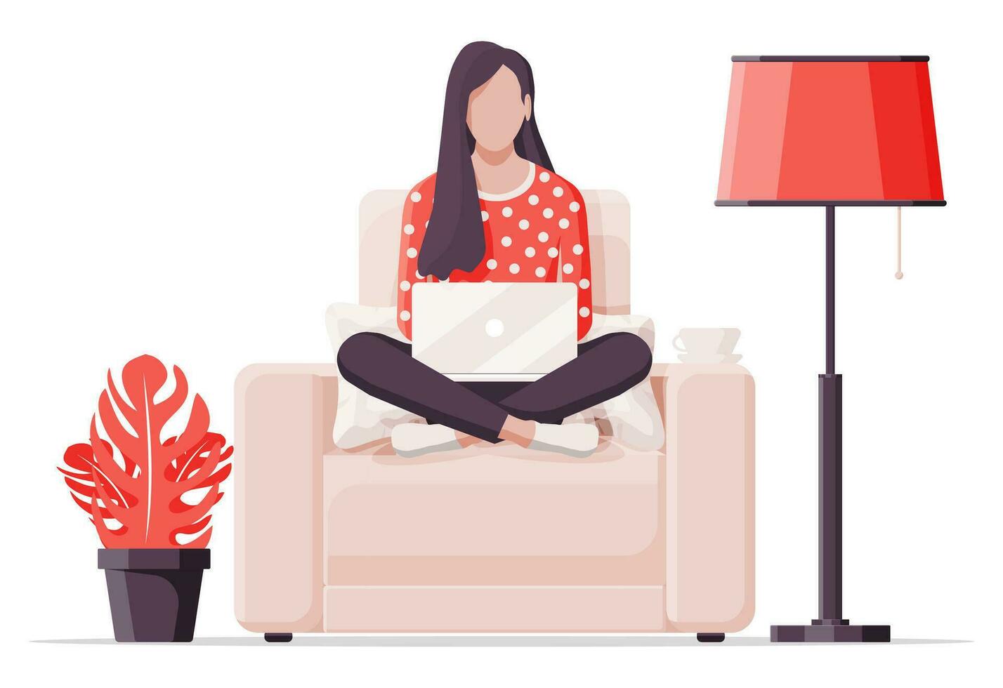 freelancer meisje in fauteuil werken Bij huis. comfortabel werkplaats interieur met plant, verdieping lamp. jong vrouw in stoel met laptop, kop van drankje. afgelegen werk online onderwijs. vlak vector illustratie