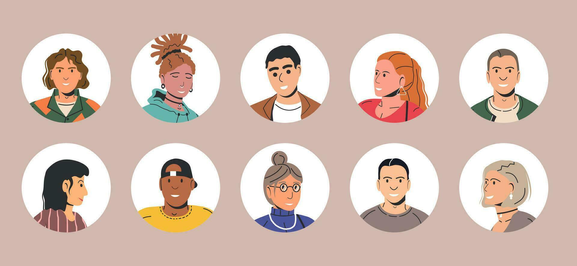 verschillend mensen avatars. reeks van cirkel gebruiker portretten. mannetje en vrouw karakters. Mens en vrouw in modieus kleding. jongens en meisjes met verschillend kapsels en etniciteiten. vlak vector illustratie