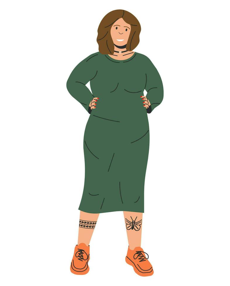 golvend Dames plus grootte model- geïsoleerd. lichaam positief mooi meisje in groen jurk en sportschoenen. mollig vrouw karakter. modieus te zwaar dame in elegant kleding. tekenfilm vlak vector illustratie