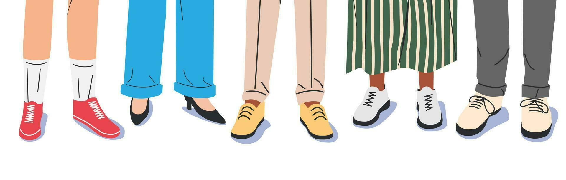 vrouw en Mens poten in elegant sportschoenen. reeks van divers vrouw en mannetje schoenen met voeten. laarzen, sportschoenen, boot, Bovenste zijde. meisje en jongen schoenen. verschillend vrouw schoenen. tekenfilm vlak vector illustratie