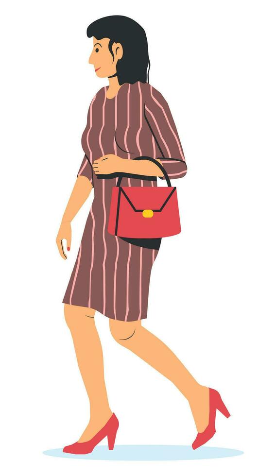 brunette vrouw in lang jurk geïsoleerd Aan wit. modern Dames met zak is wandelen. volwassen vrouw karakter, zakenvrouw in gewoontjes jurk. wandelen meisje. tekenfilm vlak vector illustratie