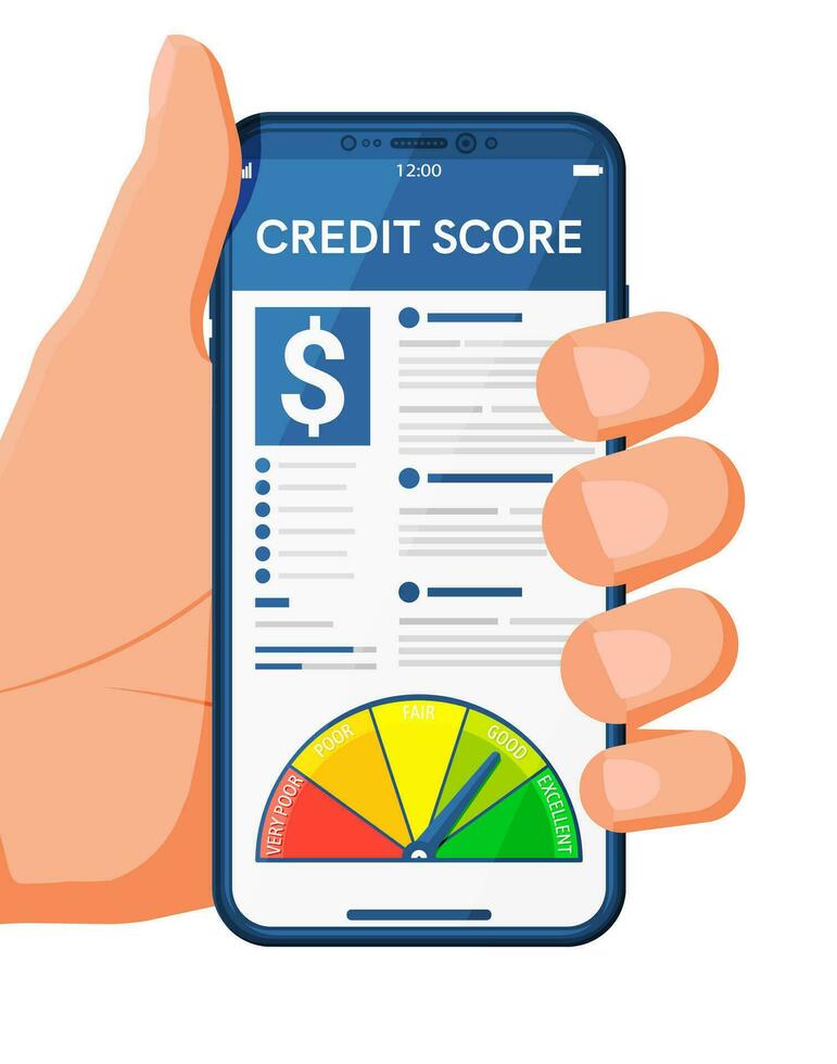 smartphone in hand- met credit partituur app Aan scherm. credit partituur indicator en peilen in rapport. bank beoordeling meting niveau. schuld bank hulpmiddel. ronde vorm met pijl. vlak vector illustratie