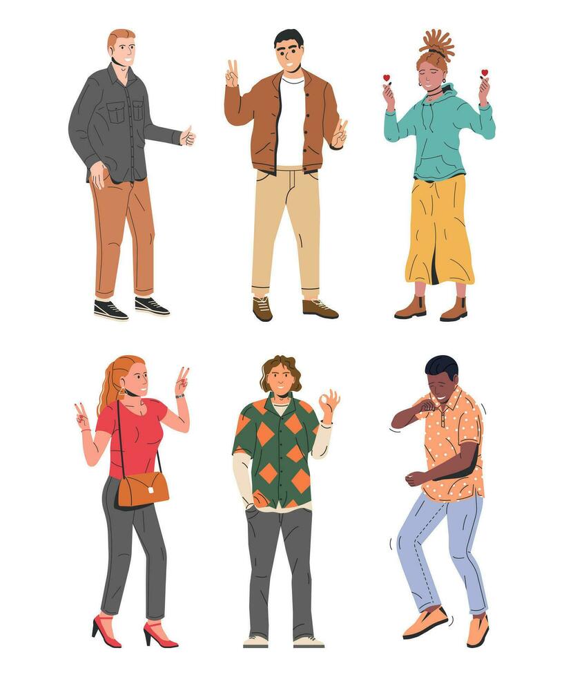 reeks van geluk emoties symbolen. divers mensen tonen positief lichaam taal gebaren. vrouw en Mens tonen zege, hart, liefde en duim omhoog symbolen. gelukkig mensen. tekenfilm vlak vector illustratie