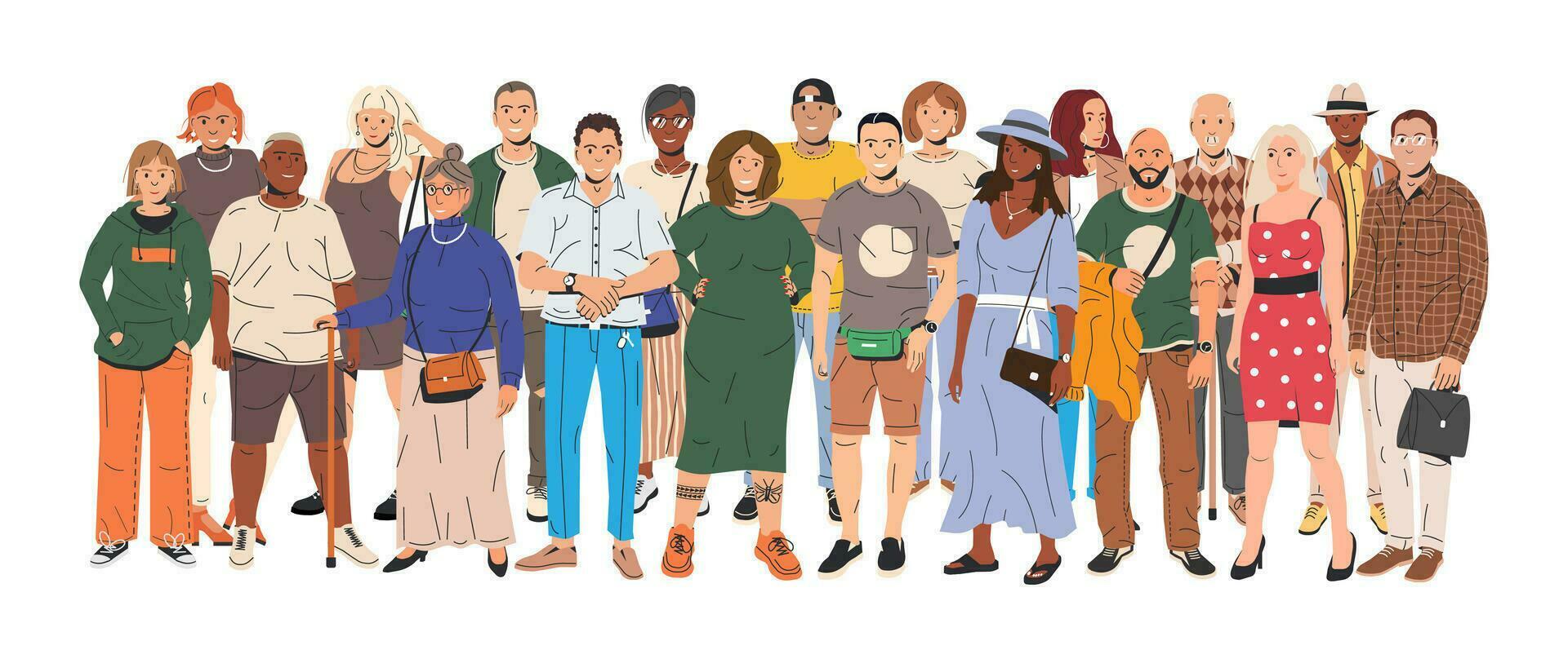 verschillend multicultureel en multiraciaal mensen groep. Mens en vrouw in modieus kleding staand samen. mensen met verschillend kapsels en etniciteiten in gewoontjes kleren. vlak vector illustratie