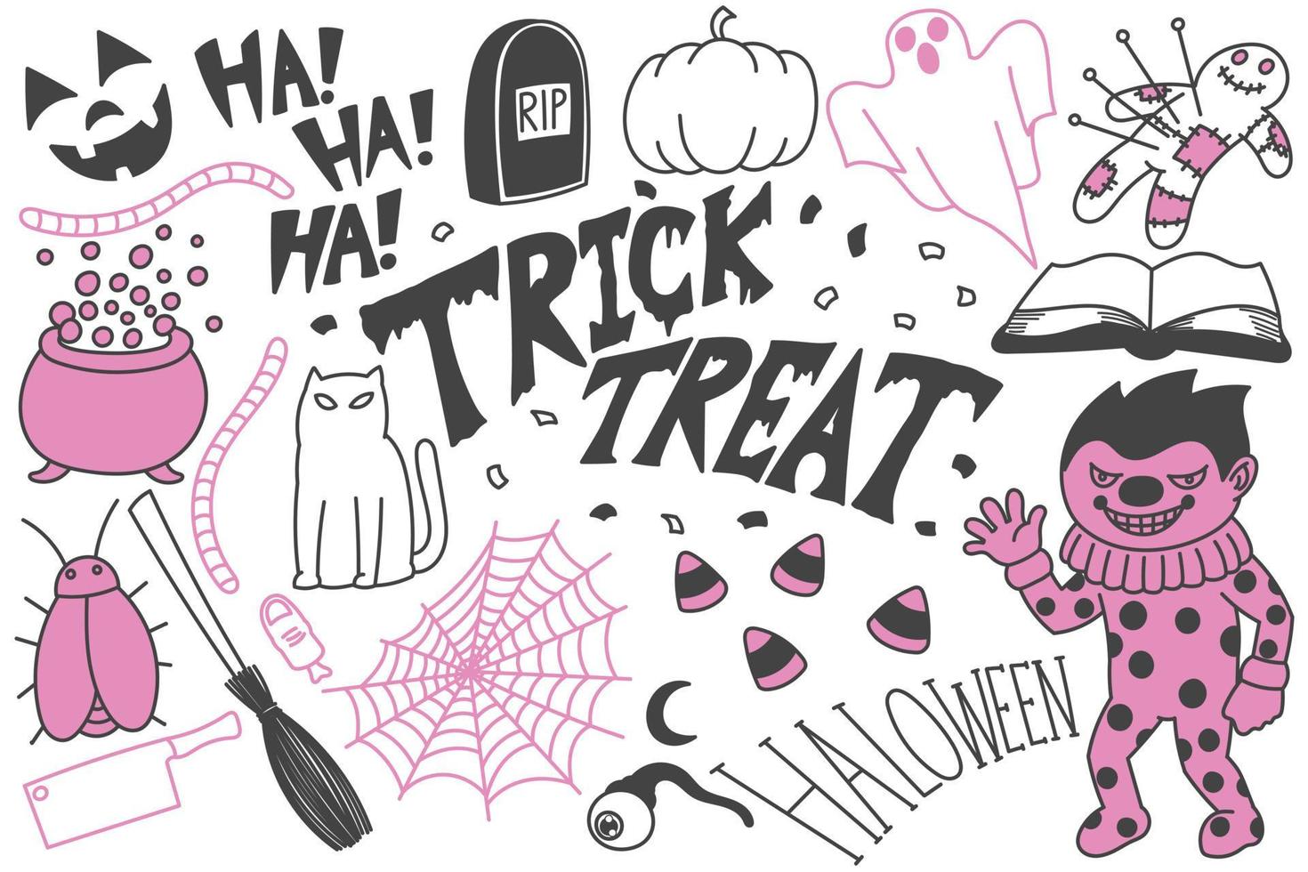 set halloween-doodles, trick or treat-tekeningen vector