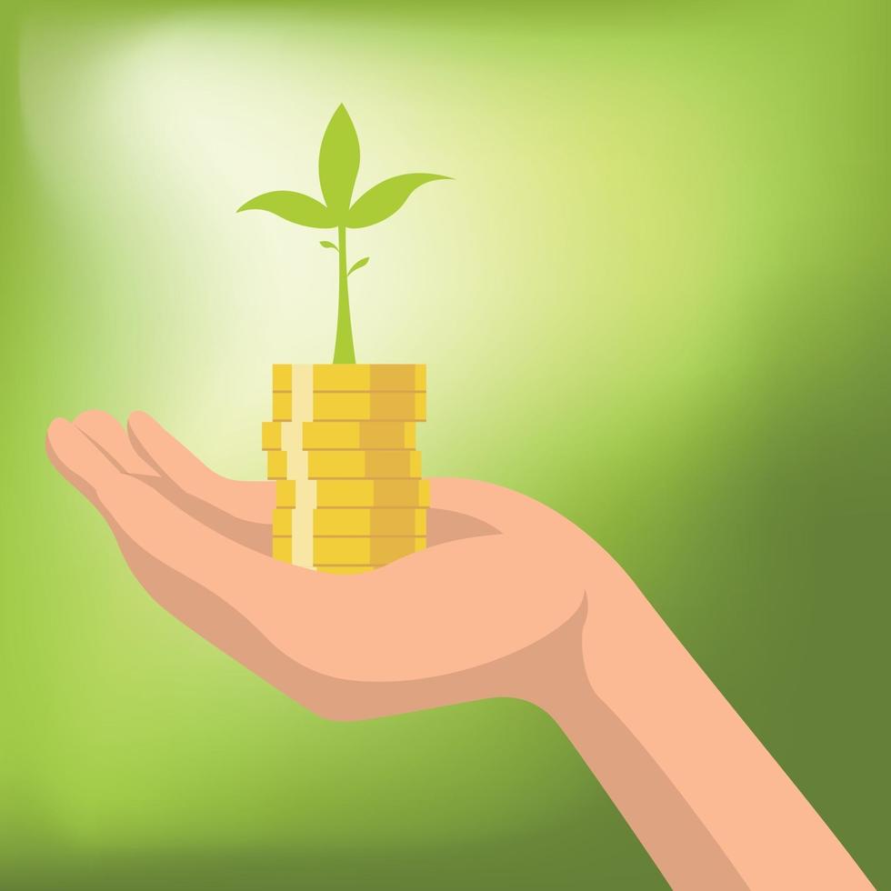 geld met plant die groeit van munten in de hand vectorillustratie. geld besparen voor het investeren van concept vector