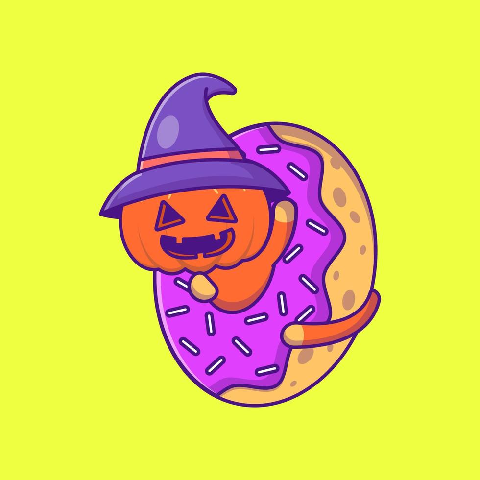 schattige heks pompoen in donuts happy halloween cartoon afbeelding vector