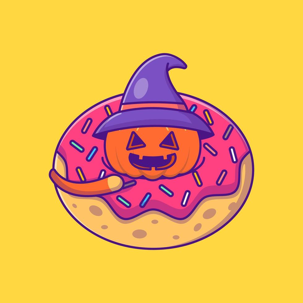 schattige heks pompoen in donuts happy halloween cartoon afbeelding vector