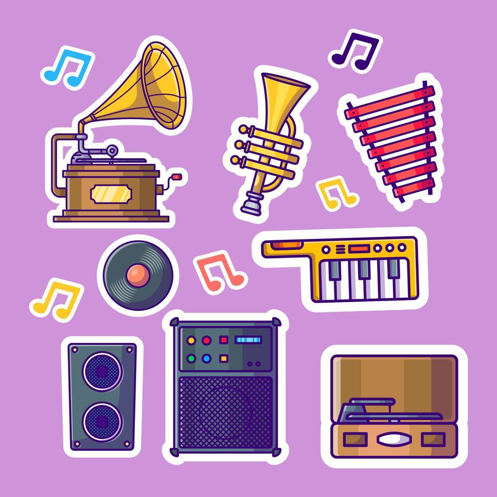 schattig muziekinstrument cartoon stickers pack vector