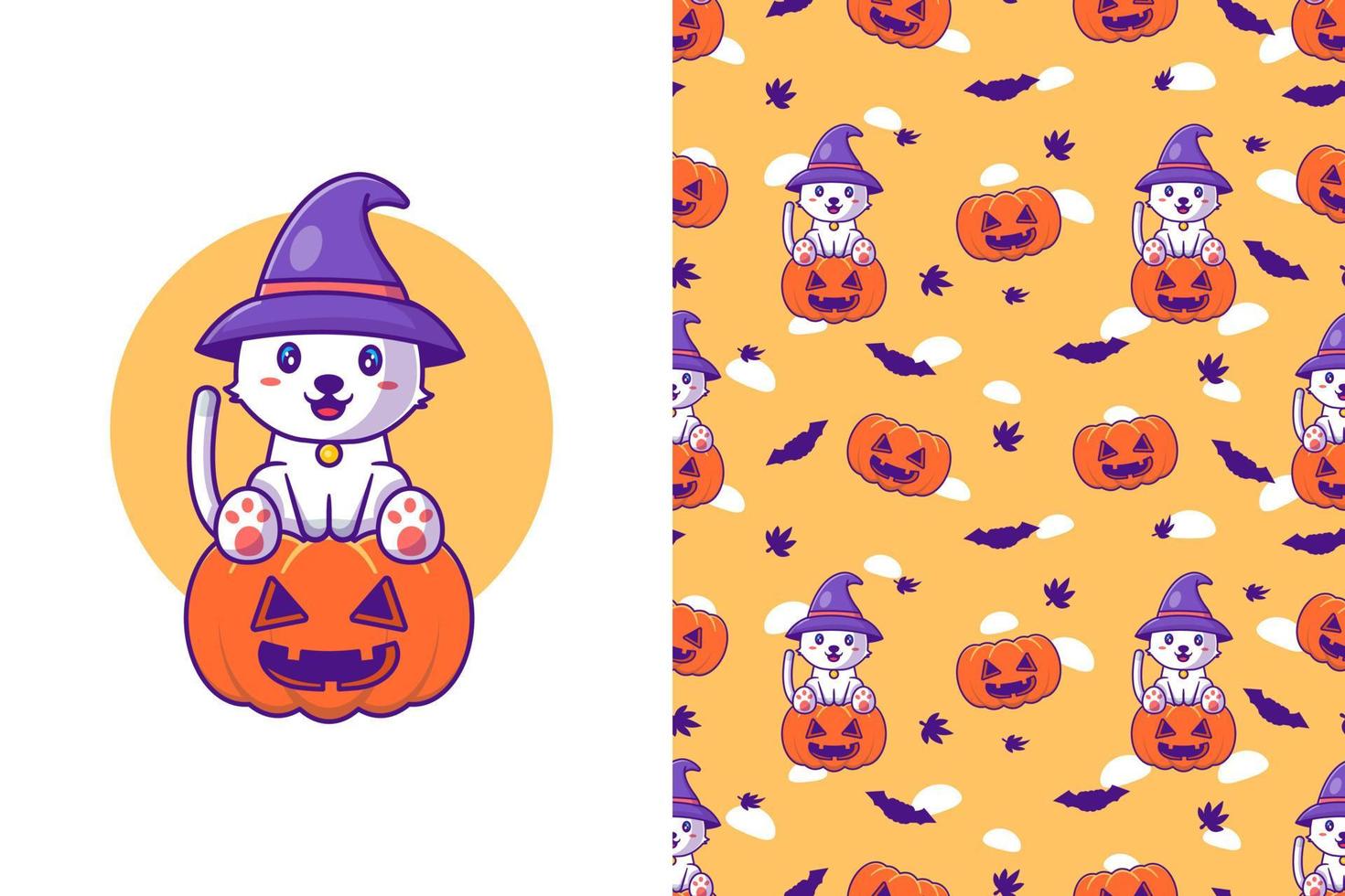 schattige kattenheks met pompoen happy halloween met naadloos patroon vector