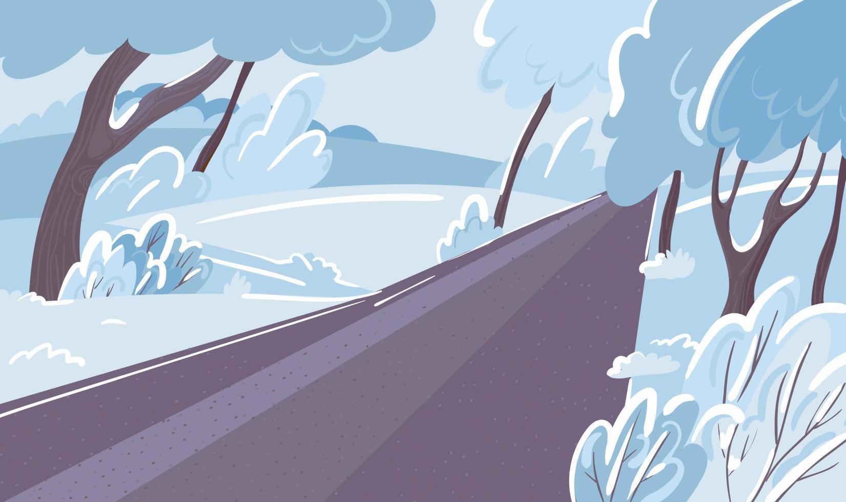 winters landschap. achtergrondweg en besneeuwd bos. cartoon vectorillustratie vector