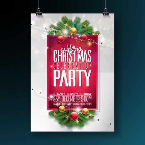 Vector Merry Christmas Party Design met vakantie typografie elementen en decoratieve bal, Pine Branch, verlichting Girland op rode achtergrond. Viering Flyer Illustratie. EPS 10.