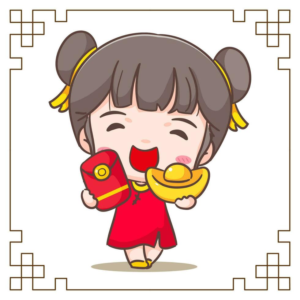 schattig meisje vieren Chinese nieuw jaar tekenfilm vector illustratie. Chinese jaar concept ontwerp. aanbiddelijk chibi hand- getrokken. geïsoleerd wit achtergrond.