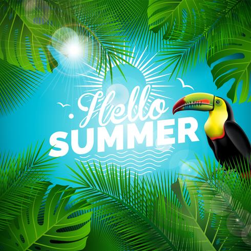 Vector Hallo zomervakantie typografische illustratie met toucan vogel en tropische planten op blauwe achtergrond. Ontwerpsjabloon met groen palmblad voor banner