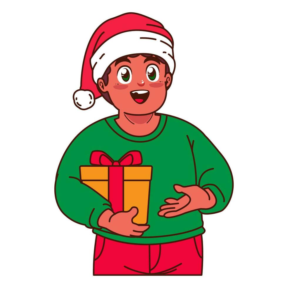 een jongen in een de kerstman hoed Holding een Kerstmis geschenk vector