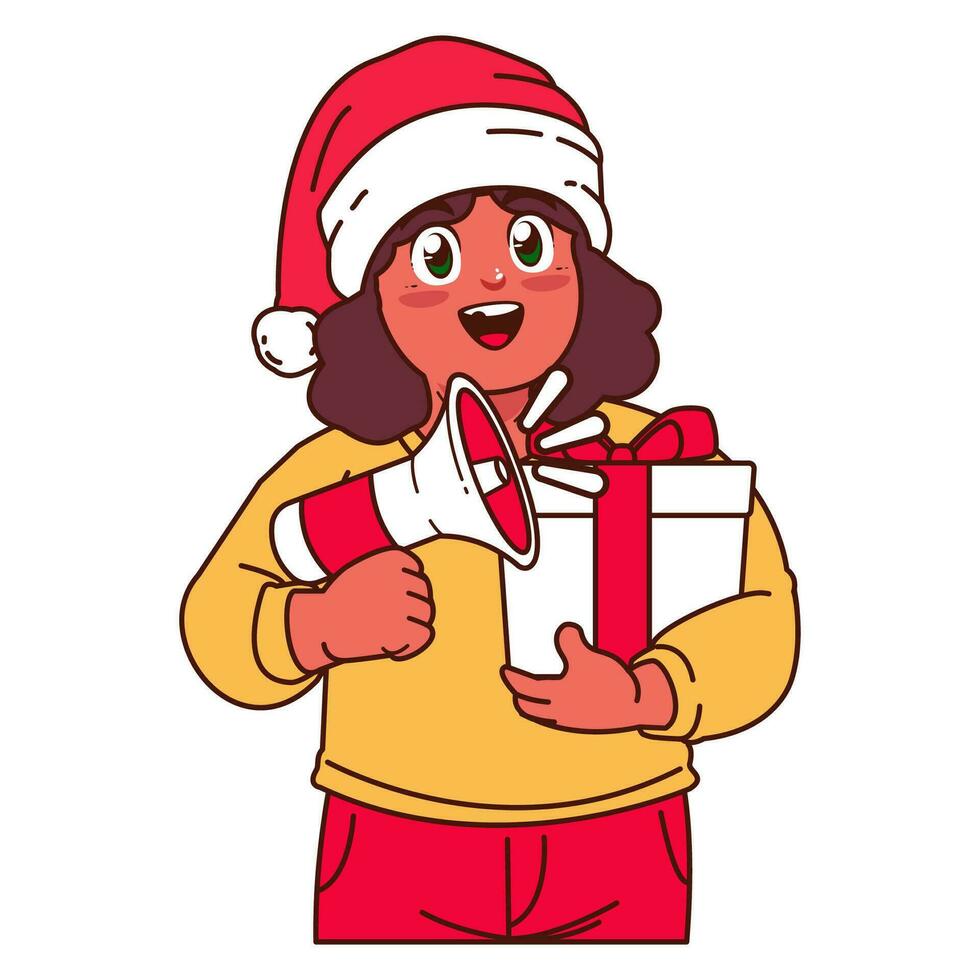 een meisje in een de kerstman hoed Holding een Kerstmis geschenk vector