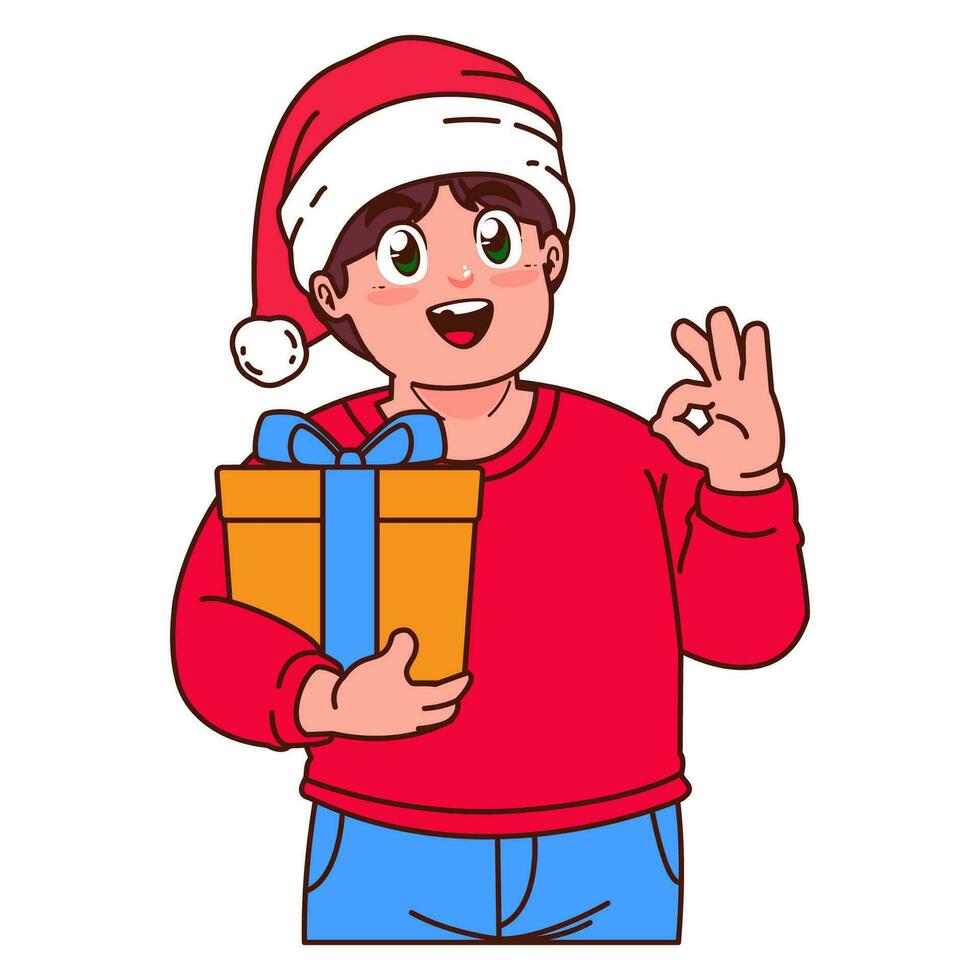 een jongen in een de kerstman hoed Holding een Kerstmis geschenk vector