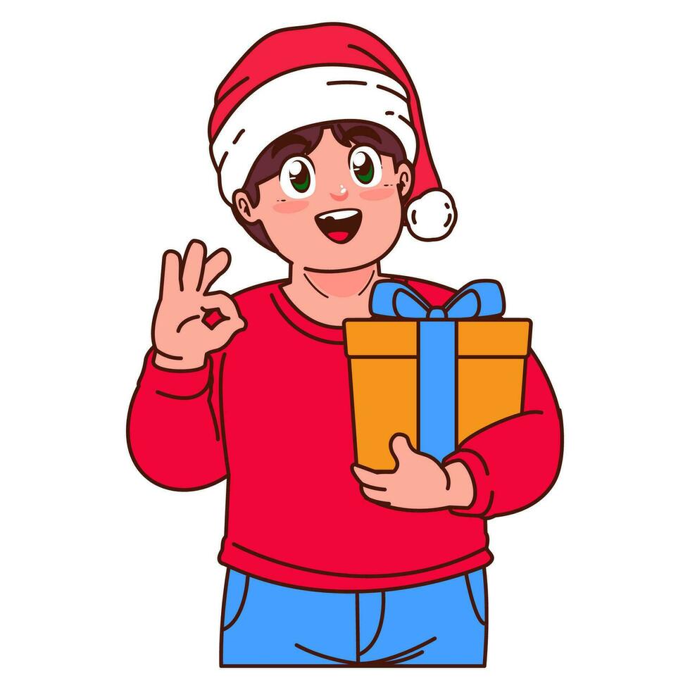 een jongen in een de kerstman hoed Holding een Kerstmis geschenk vector