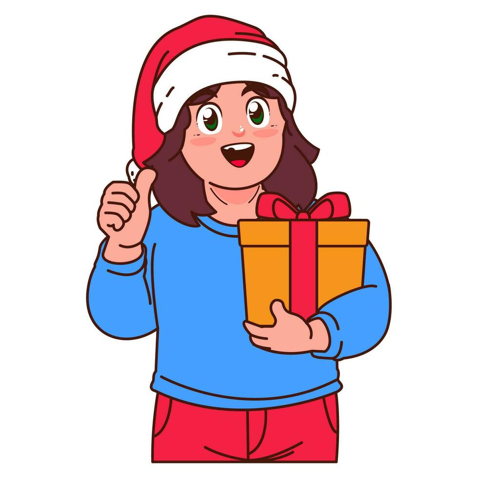 een meisje in een de kerstman hoed Holding een Kerstmis geschenk vector
