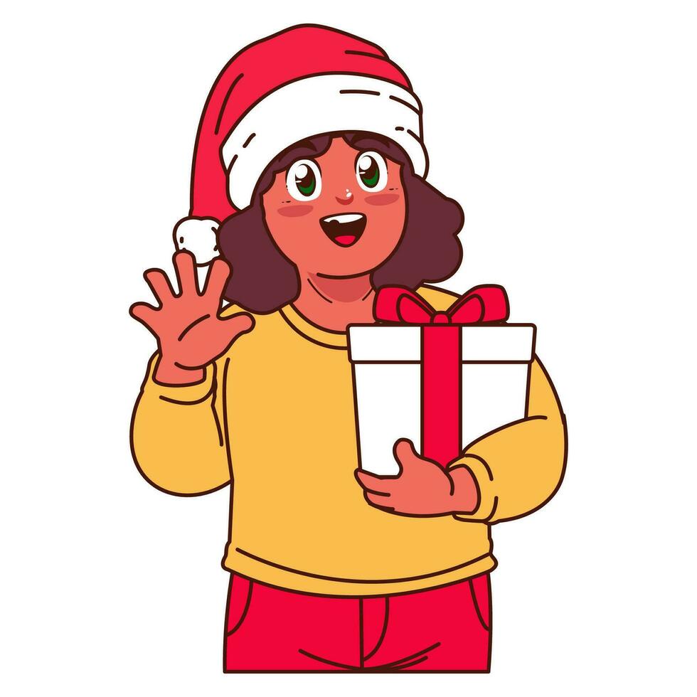 een meisje in een de kerstman hoed Holding een Kerstmis geschenk vector