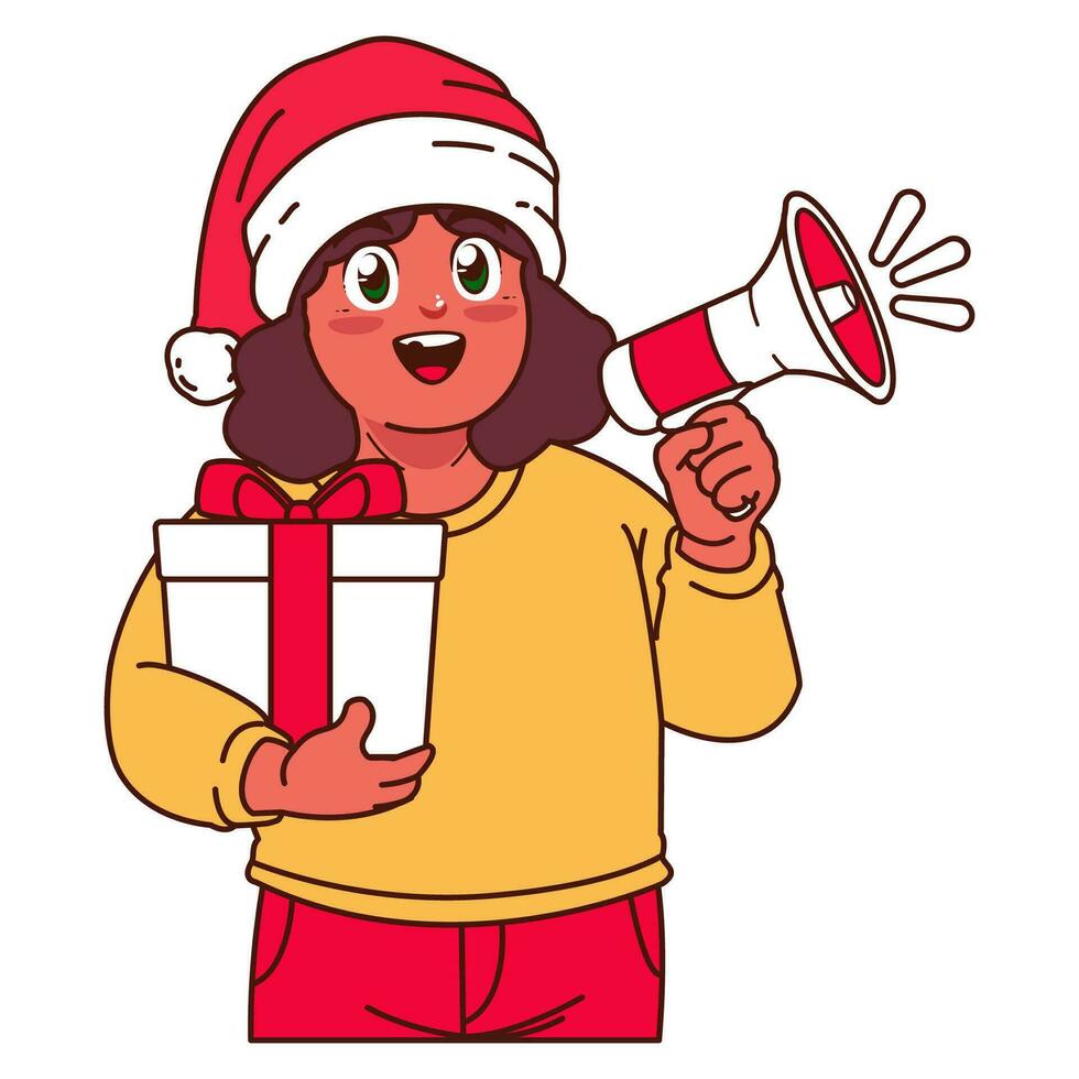 een meisje in een de kerstman hoed Holding een Kerstmis geschenk vector