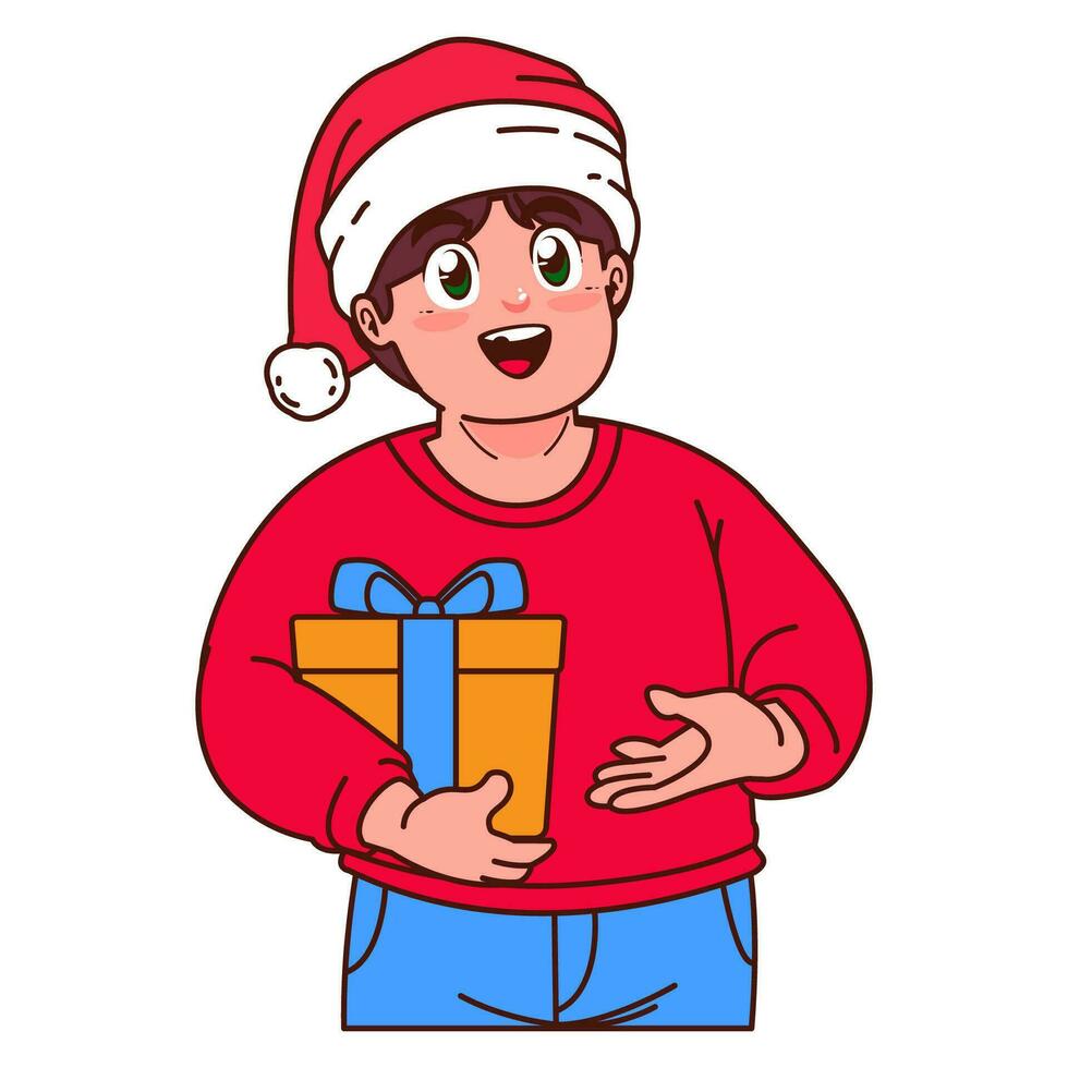 een jongen in een de kerstman hoed Holding een Kerstmis geschenk vector