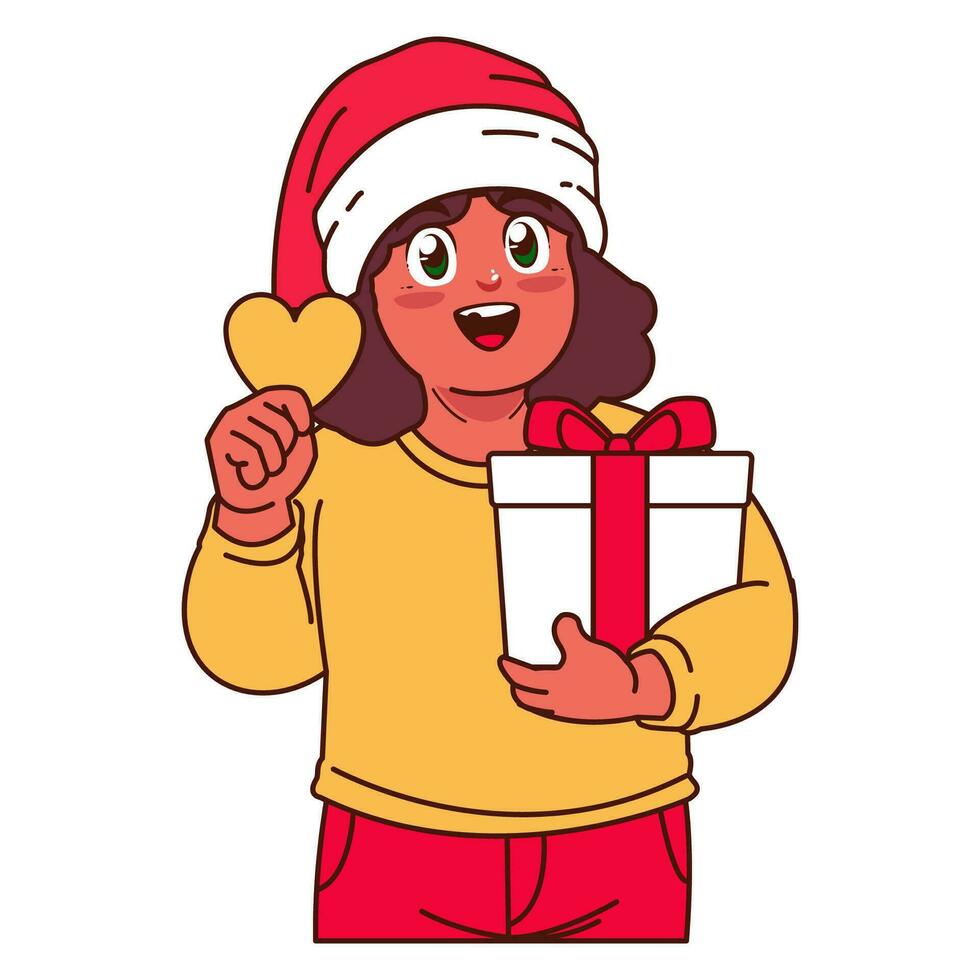 een meisje in een de kerstman hoed Holding een Kerstmis geschenk vector