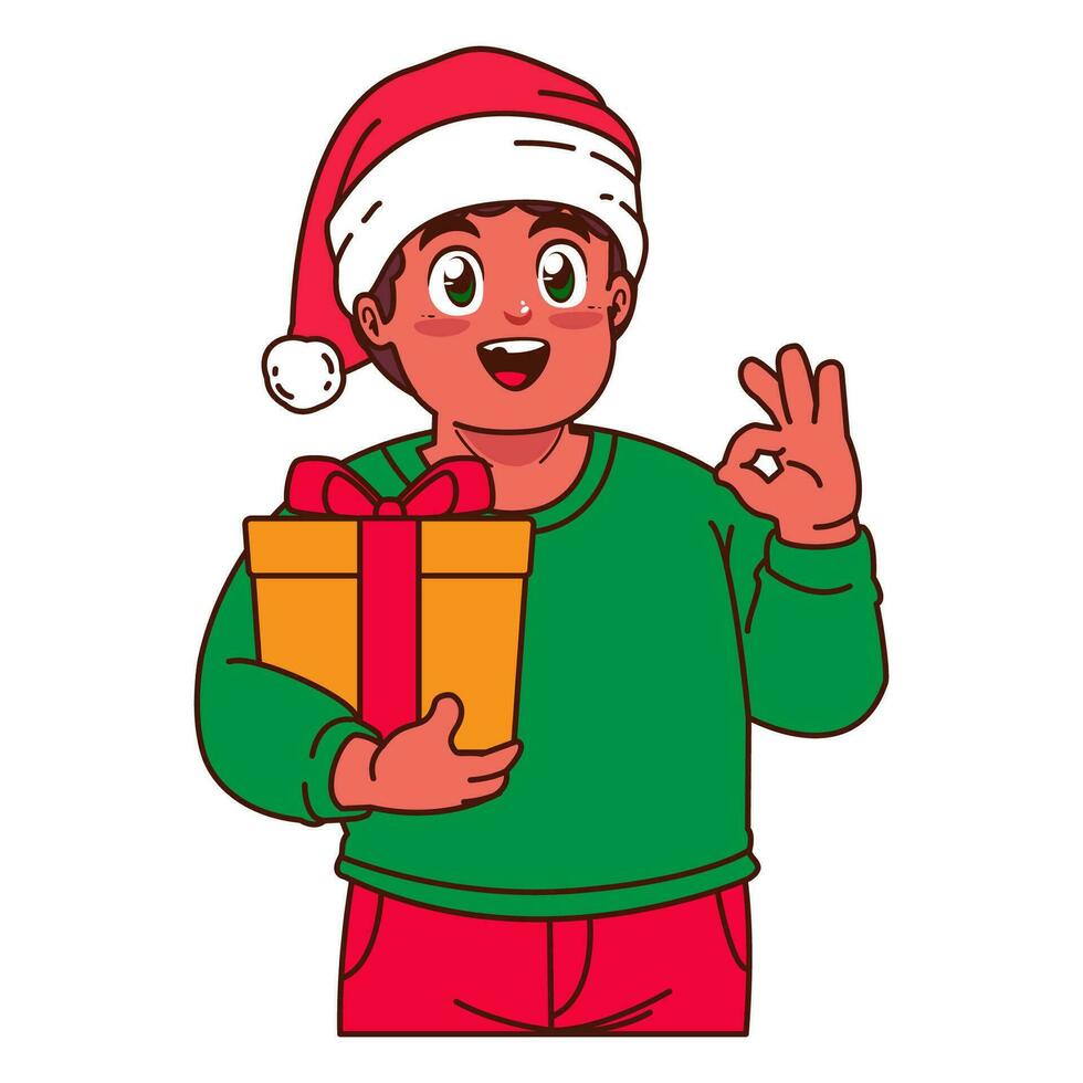 een jongen in een de kerstman hoed Holding een Kerstmis geschenk vector