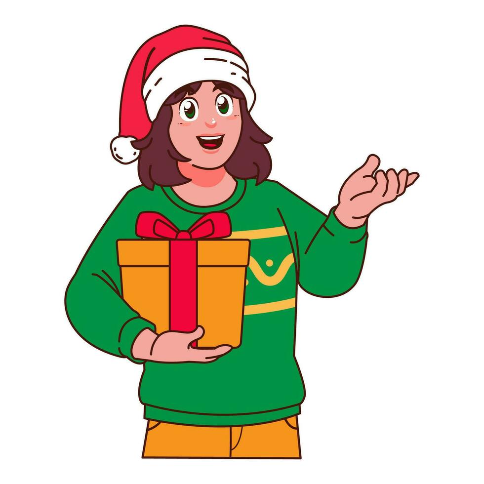 vrouw in Kerstmis trui en de kerstman hoed Holding een geschenk doos vector