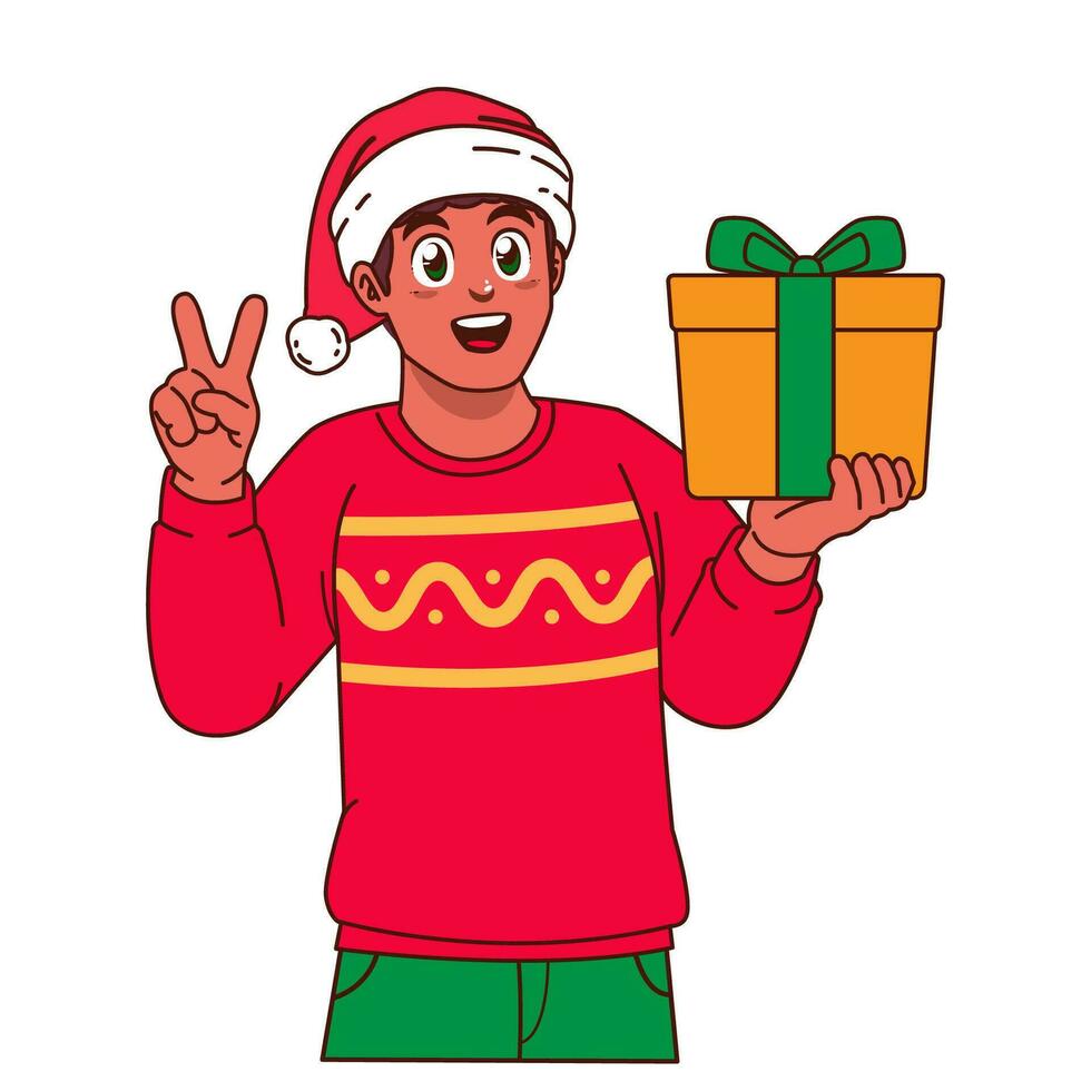 zwart Mens in Kerstmis trui en de kerstman hoed Holding een geschenk doos vector