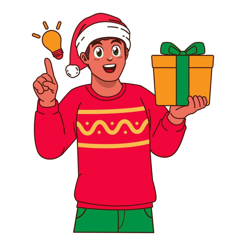 zwart Mens in Kerstmis trui en de kerstman hoed Holding een geschenk doos vector