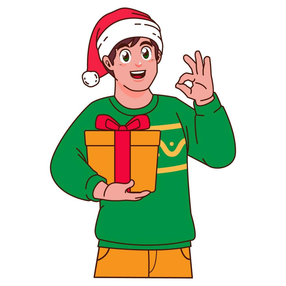 Mens in Kerstmis trui en de kerstman hoed Holding een geschenk doos vector