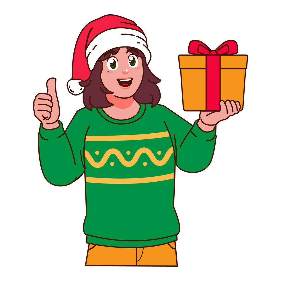 vrouw in Kerstmis trui en de kerstman hoed Holding een geschenk doos vector