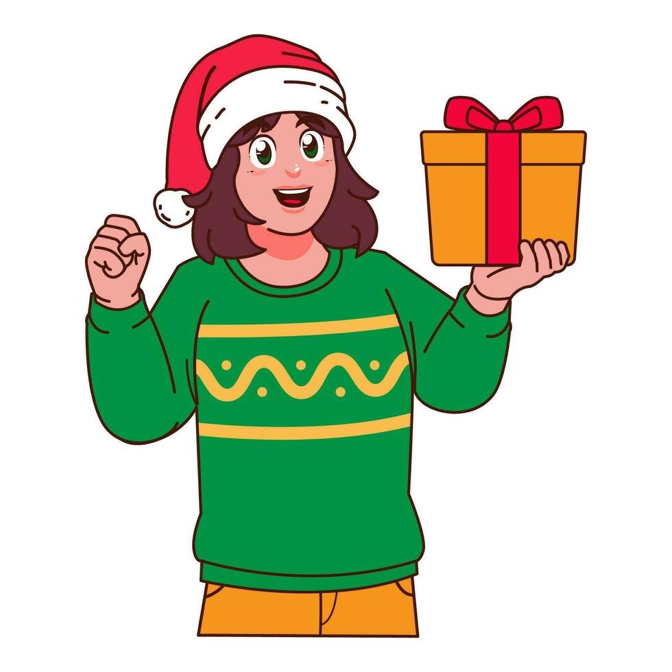 vrouw in Kerstmis trui en de kerstman hoed Holding een geschenk doos vector