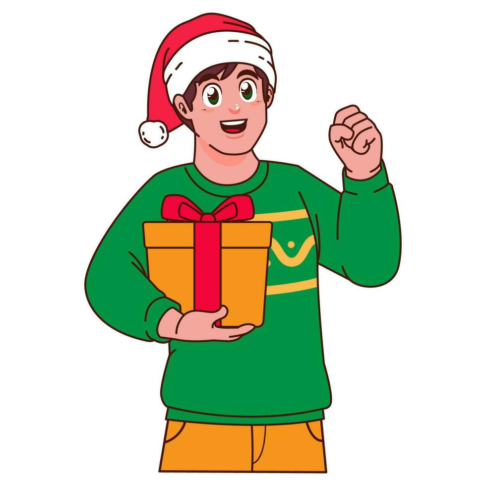 Mens in Kerstmis trui en de kerstman hoed Holding een geschenk doos vector