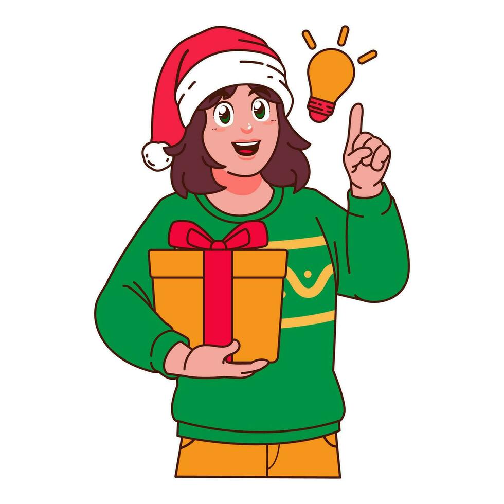 vrouw in Kerstmis trui en de kerstman hoed Holding een geschenk doos vector