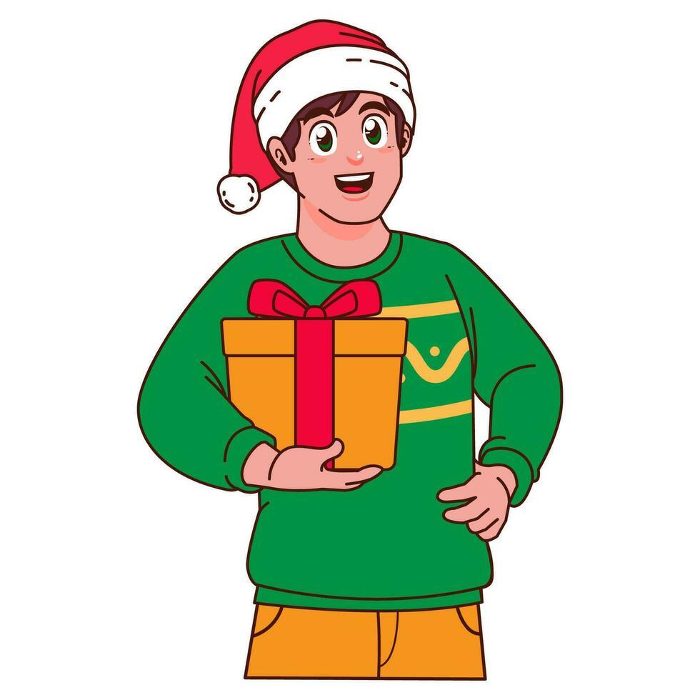 Mens in Kerstmis trui en de kerstman hoed Holding een geschenk doos vector