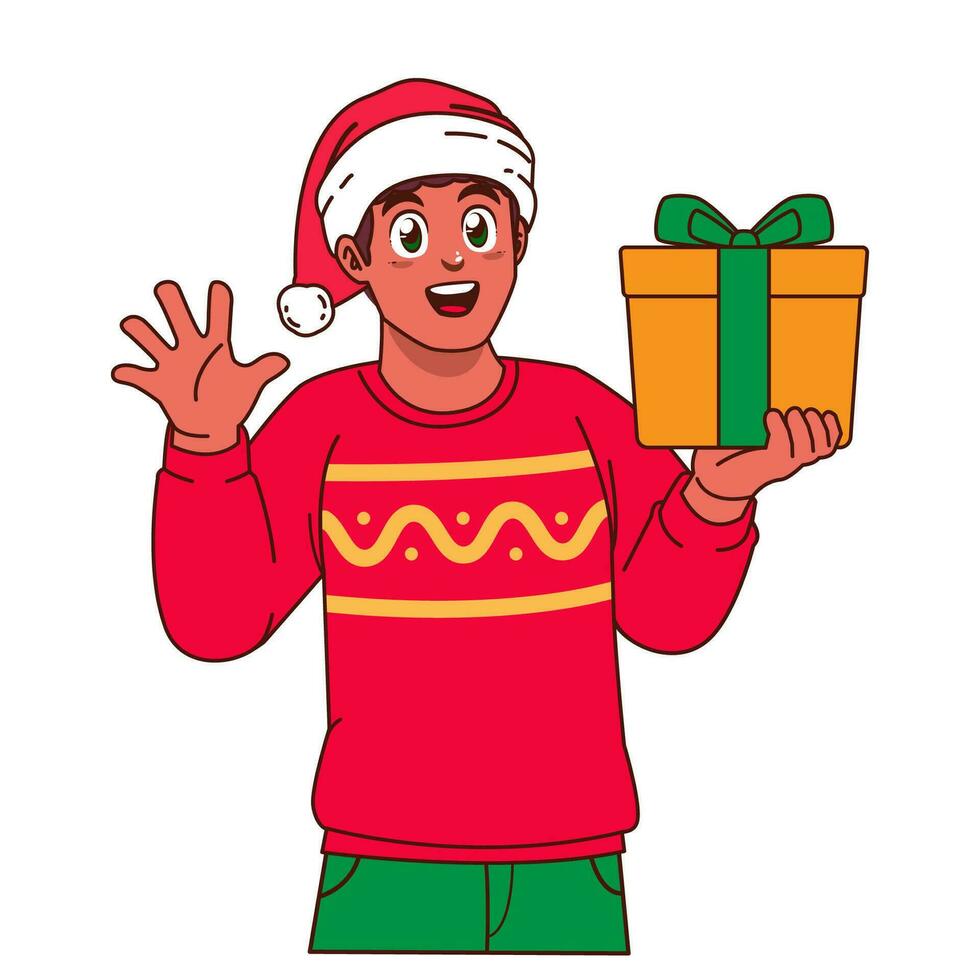 zwart Mens in Kerstmis trui en de kerstman hoed Holding een geschenk doos vector