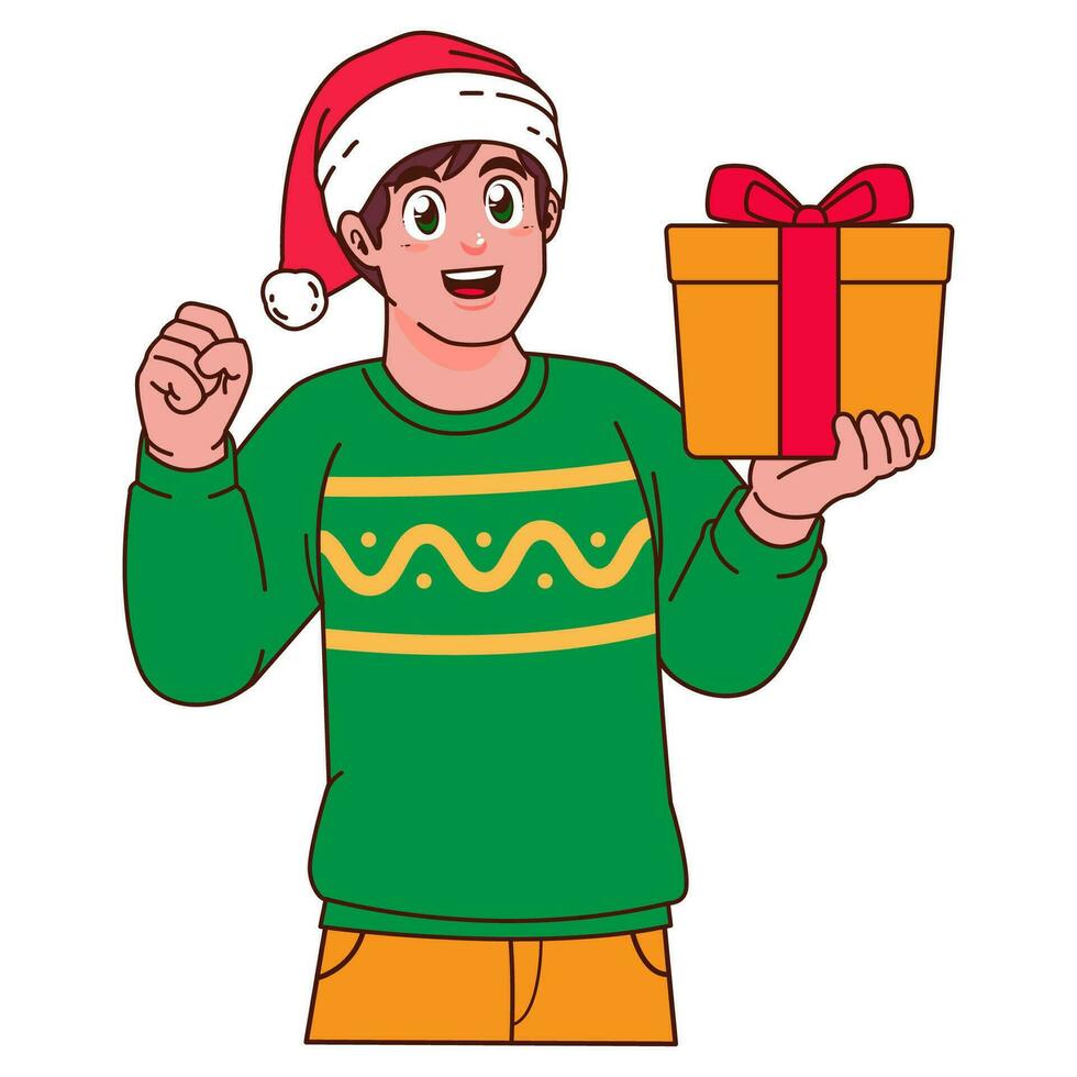 Mens in Kerstmis trui en de kerstman hoed Holding een geschenk doos vector