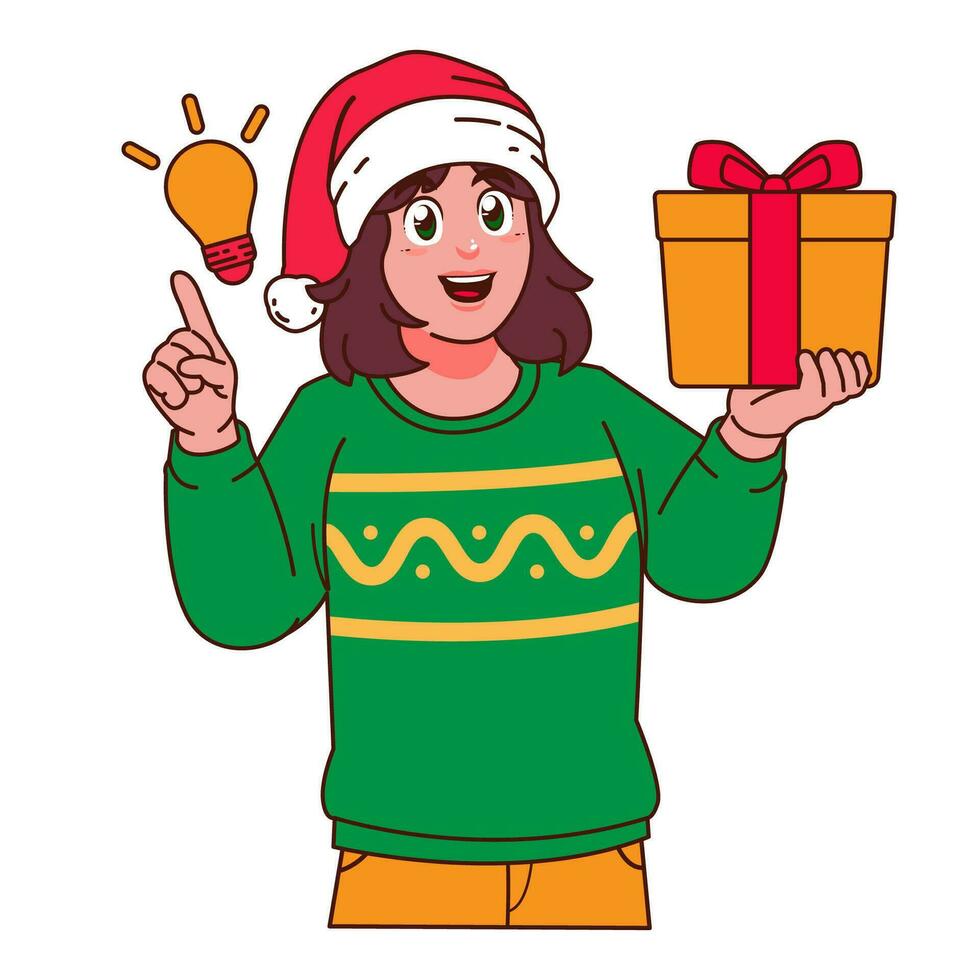 vrouw in Kerstmis trui en de kerstman hoed Holding een geschenk doos vector