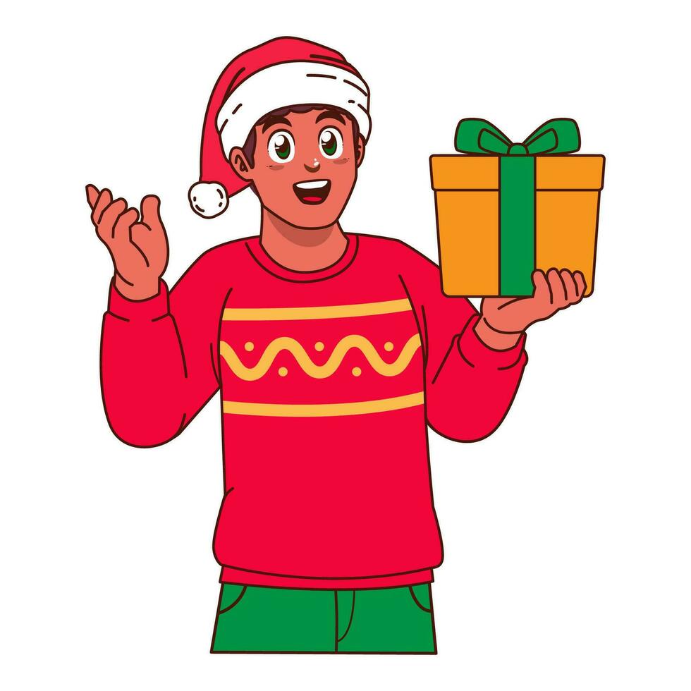 zwart Mens in Kerstmis trui en de kerstman hoed Holding een geschenk doos vector