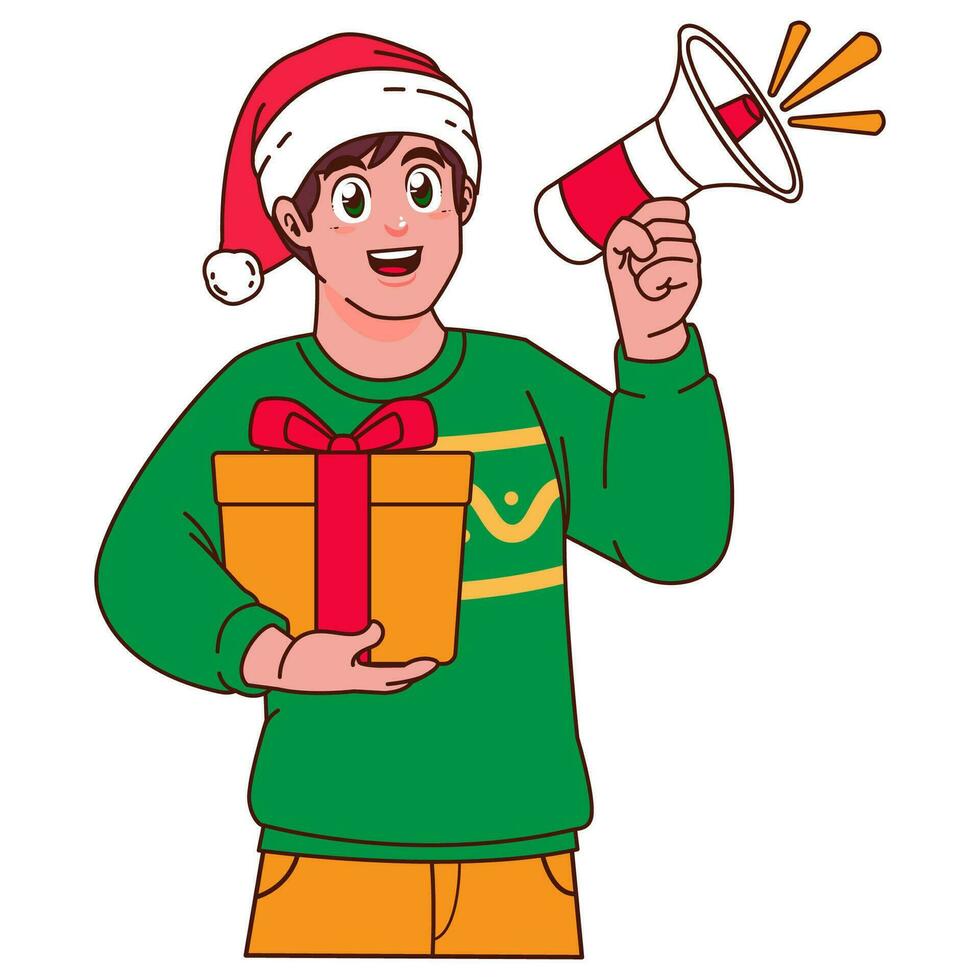 Mens in Kerstmis trui en de kerstman hoed Holding een geschenk doos vector