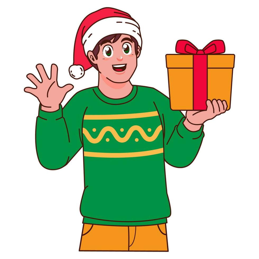 Mens in Kerstmis trui en de kerstman hoed Holding een geschenk doos vector